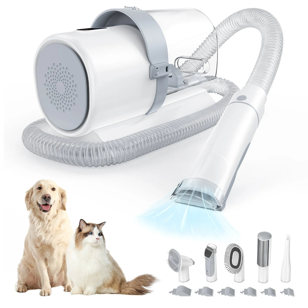 Professional pet grooming clippers with 2.5L dust cup, 3 suction modes, low noise, and multiple attachments for dogs and cats.