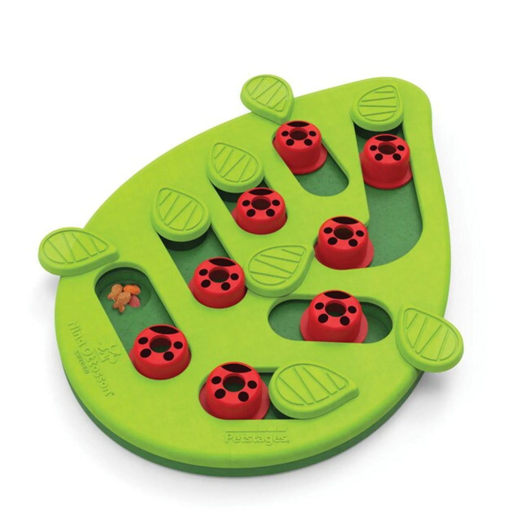 Green leaf-shaped Catstages Puzzle Toy with red peg covers and hidden treat compartments for interactive cat play and feeding