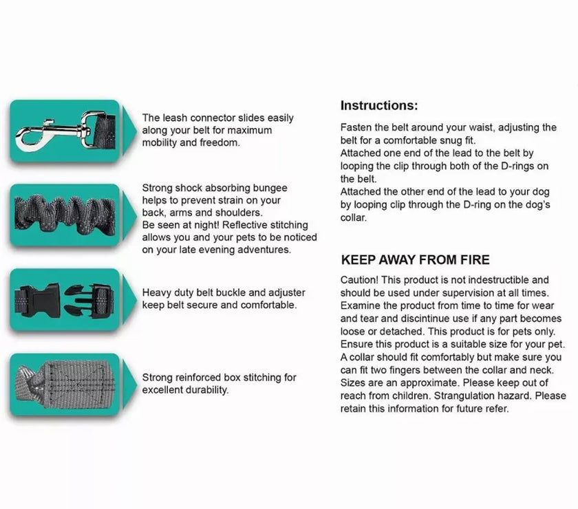 JESPET Hands Free Dog Leash for Running, Walking, Hiking Jogging for Medium & Large Dogs up to 150lbs, Durable Dual Handle Waist Leash with Reflective Bungee and Adjustable Waist