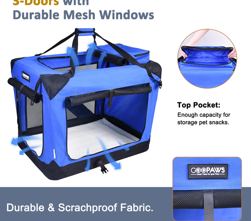 JESPET Soft Pet Crates Kennel, 3 Door Soft Sided Folding Travel Pet Carrier with Straps and Fleece Mat for Dogs, Cats, Rabbits, Indoor/Outdoor Use with Grey, Blue & Beige, Black