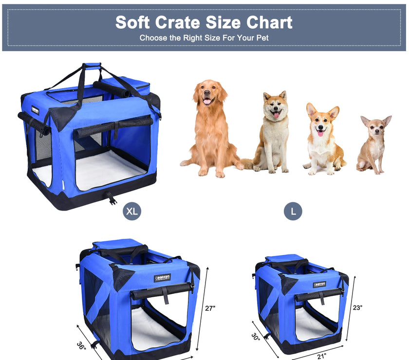 JESPET Soft Pet Crates Kennel, 3 Door Soft Sided Folding Travel Pet Carrier with Straps and Fleece Mat for Dogs, Cats, Rabbits, Indoor/Outdoor Use with Grey, Blue & Beige, Black