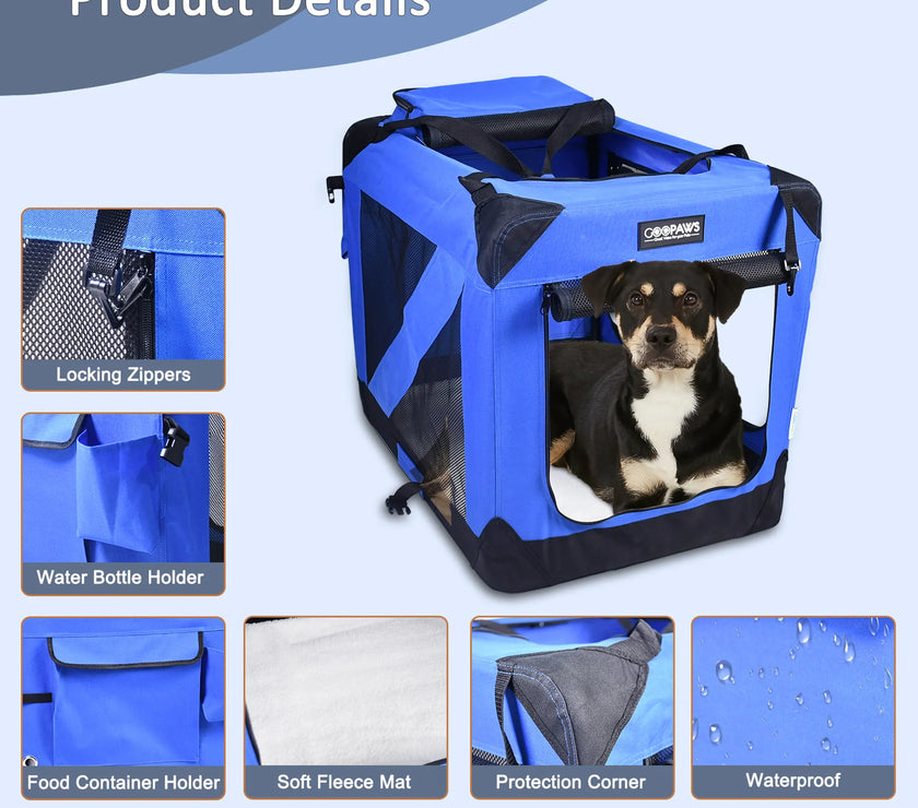 JESPET Soft Pet Crates Kennel, 3 Door Soft Sided Folding Travel Pet Carrier with Straps and Fleece Mat for Dogs, Cats, Rabbits, Indoor/Outdoor Use with Grey, Blue & Beige, Black