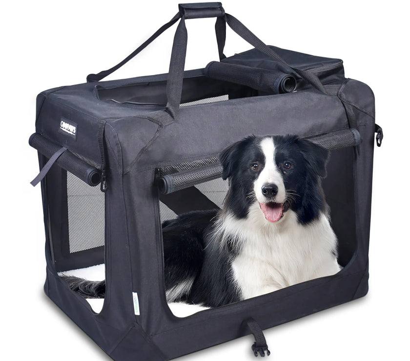 JESPET Soft Pet Crates Kennel, 3 Door Soft Sided Folding Travel Pet Carrier with Straps and Fleece Mat for Dogs, Cats, Rabbits, Indoor/Outdoor Use with Grey, Blue & Beige, Black