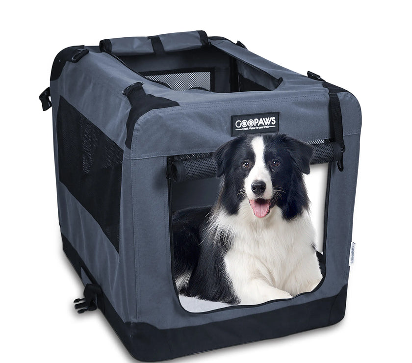 JESPET Soft Pet Crates Kennel, 3 Door Soft Sided Folding Travel Pet Carrier with Straps and Fleece Mat for Dogs, Cats, Rabbits, Indoor/Outdoor Use with Grey, Blue & Beige, Black