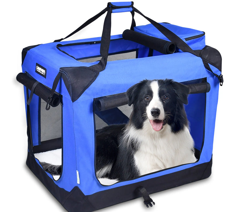 JESPET Soft Pet Crates Kennel, 3 Door Soft Sided Folding Travel Pet Carrier with Straps and Fleece Mat for Dogs, Cats, Rabbits, Indoor/Outdoor Use with Grey, Blue & Beige, Black