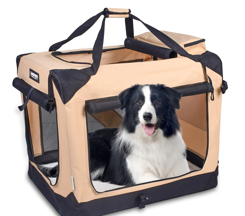 JESPET Soft Pet Crates Kennel, 3 Door Soft Sided Folding Travel Pet Carrier with Straps and Fleece Mat for Dogs, Cats, Rabbits, Indoor/Outdoor Use with Grey, Blue & Beige, Black