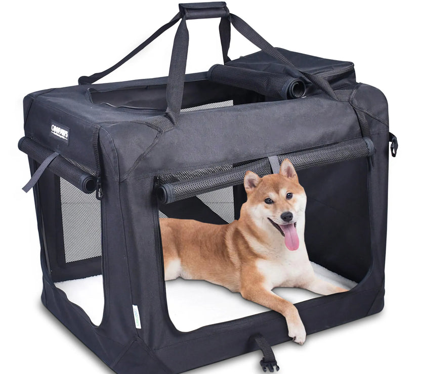 JESPET Soft Pet Crates Kennel, 3 Door Soft Sided Folding Travel Pet Carrier with Straps and Fleece Mat for Dogs, Cats, Rabbits, Indoor/Outdoor Use with Grey, Blue & Beige, Black