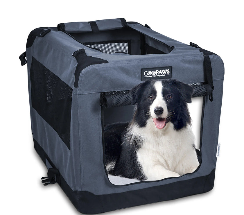 JESPET Soft Pet Crates Kennel, 3 Door Soft Sided Folding Travel Pet Carrier with Straps and Fleece Mat for Dogs, Cats, Rabbits, Indoor/Outdoor Use with Grey, Blue & Beige, Black