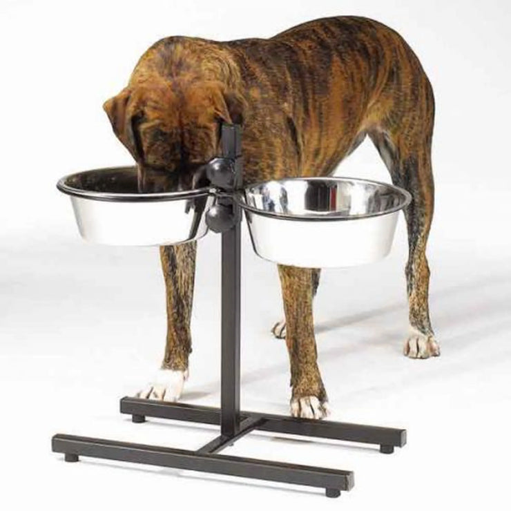 Dog eating from Proselect elevated pet feeder with adjustable black metal stand and two stainless steel bowls.