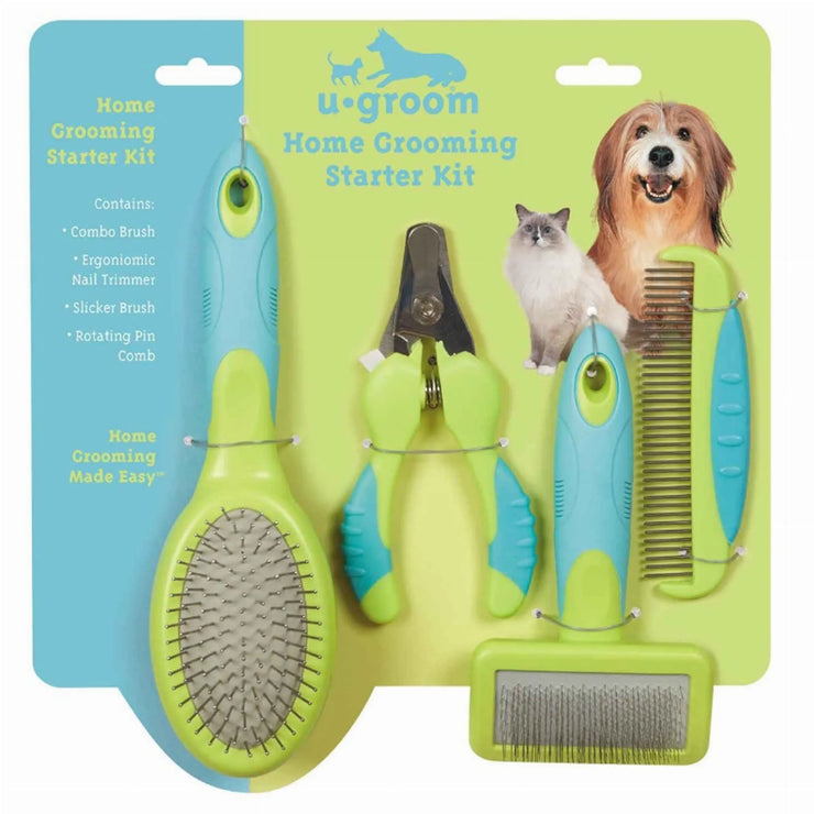 Ugroom pet grooming starter kit with combo brush, nail trimmer, slicker brush, and rotating pin comb for dogs and cats