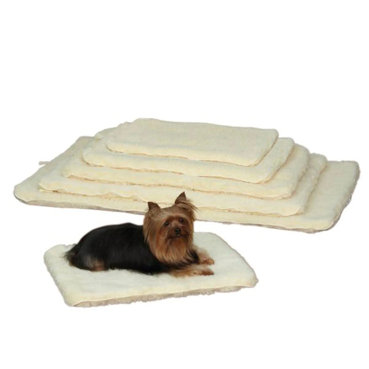 Stack of Slumber Pet Double Sided Sherpa Mats in various sizes with a small dog lying on the smallest mat