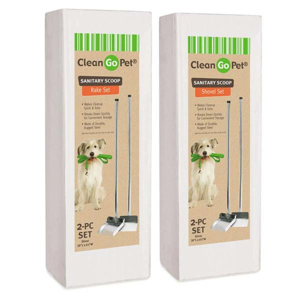 Clean Go pet sanitary scoop rake style 2-piece set in packaging with dog image
