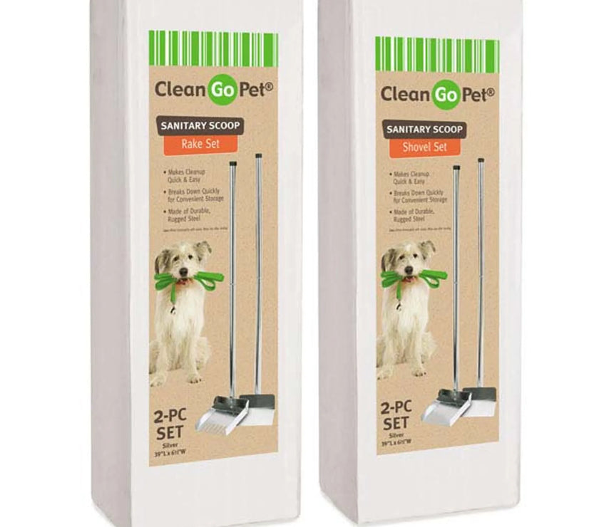 Clean Go pet sanitary scoop rake style 2-piece set in packaging with dog image