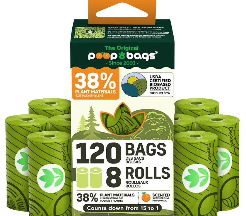 The Original Poop Bags orange-scented biodegradable dog waste bags with 120 bags in 8 numbered rolls and 38% plant-based materials