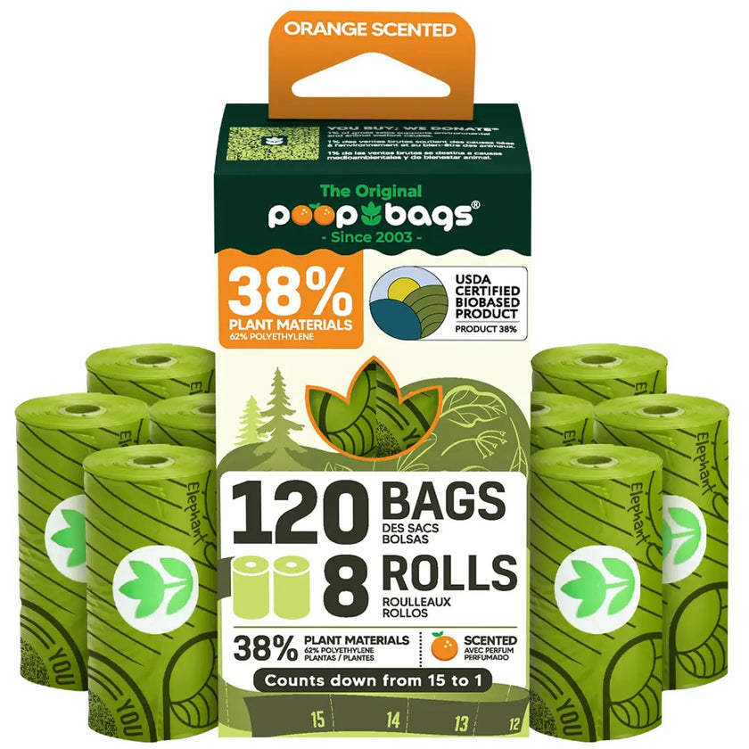 The Original Poop Bags orange-scented biodegradable dog waste bags with 120 bags in 8 numbered rolls and 38% plant-based materials