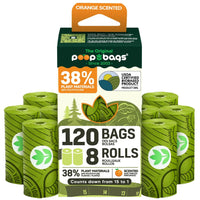 The Original Poop Bags orange scented biodegradable dog waste bags with 38% plant materials, 120 bags in 8 rolls, numbered countdown from 15 to 1