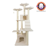 Ivory multi-level cat tree with two condos, ramp, perches, and sisal-wrapped posts for large cats