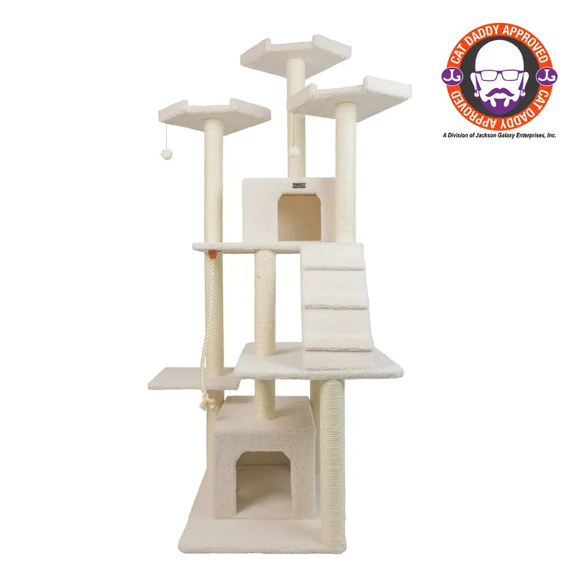 Ivory multi-level cat tree with two condos, ramp, perches, and sisal-wrapped posts for large cats