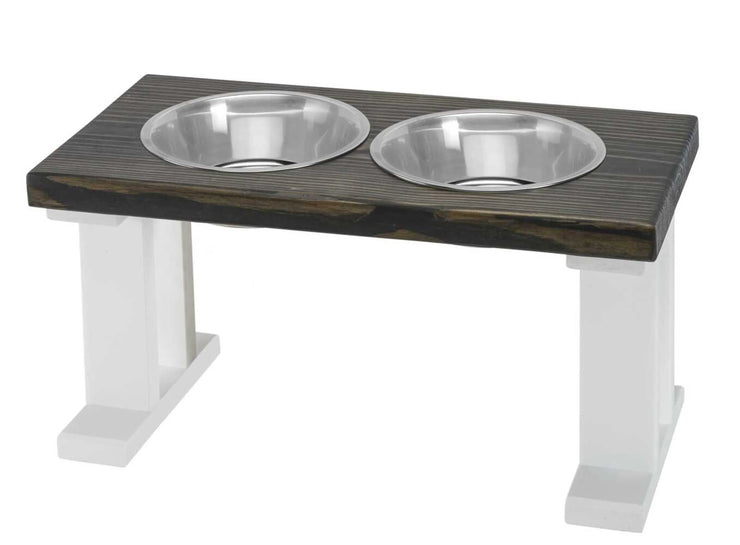 Farmhouse 2 Bowl Elevated wooden pet feeder with two stainless steel bowls and white legs