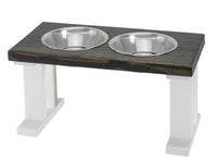 Farmhouse 2 Bowl Elevated wooden pet feeder with two stainless steel bowls and white legs