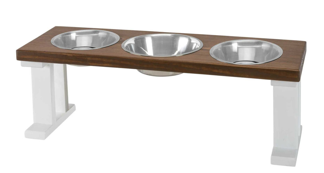 Farmhouse 3 bowl elevated wooden dog feeder with stainless steel bowls and adjustable height.