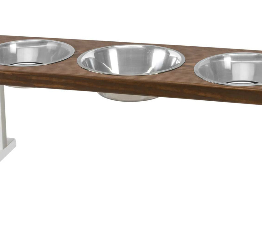 Farmhouse 3 bowl elevated wooden dog feeder with stainless steel bowls and adjustable height.