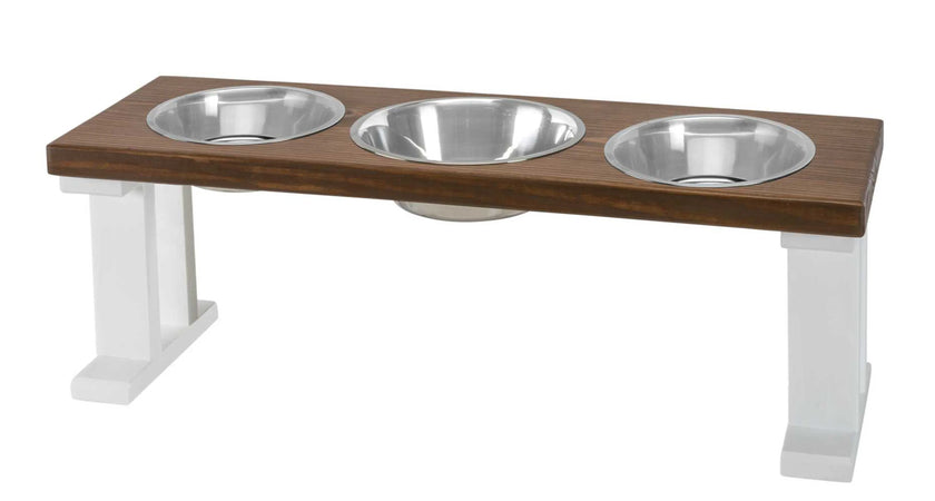 Farmhouse 3 bowl elevated wooden dog feeder with stainless steel bowls and adjustable height.