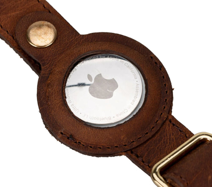 Golden Leather Dog Collars with Apple AirTag Slot