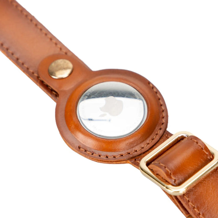 Golden leather dog collar with Apple AirTag slot and solid brass hardware