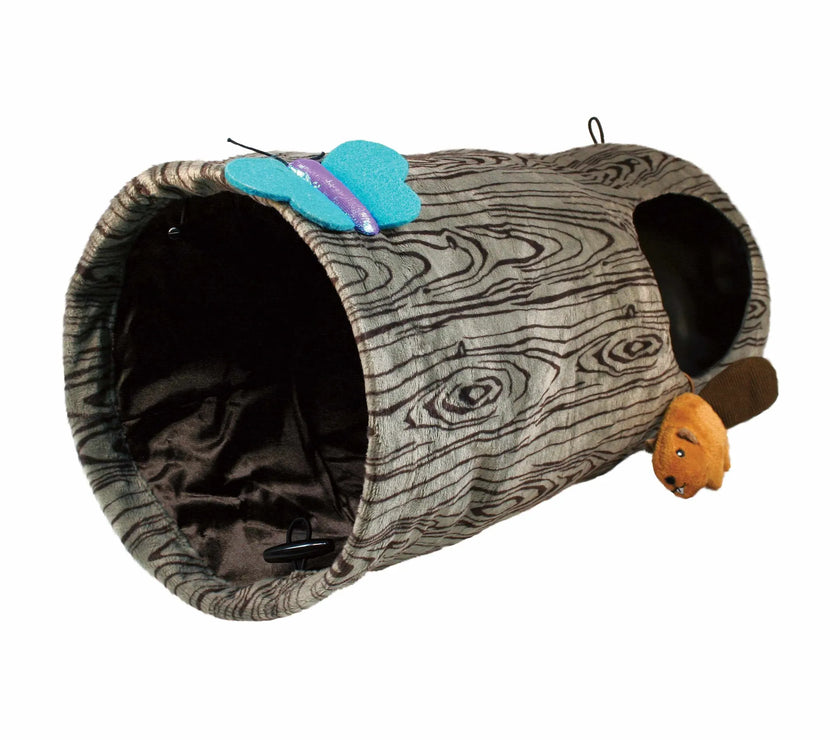 Interactive cat tunnel toy resembling a wood log with peek-a-boo windows and attached catnip-filled beaver and butterfly toys for playful and hiding cats.