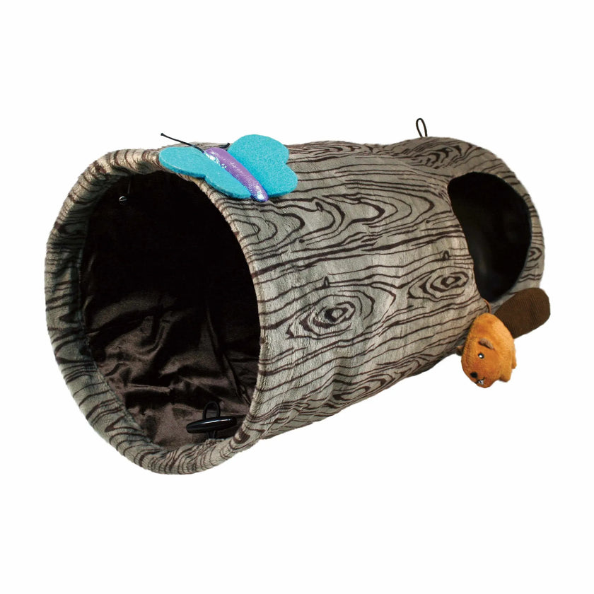 Interactive cat tunnel toy resembling a wood log with peek-a-boo windows and attached catnip-filled beaver and butterfly toys for playful and hiding cats.