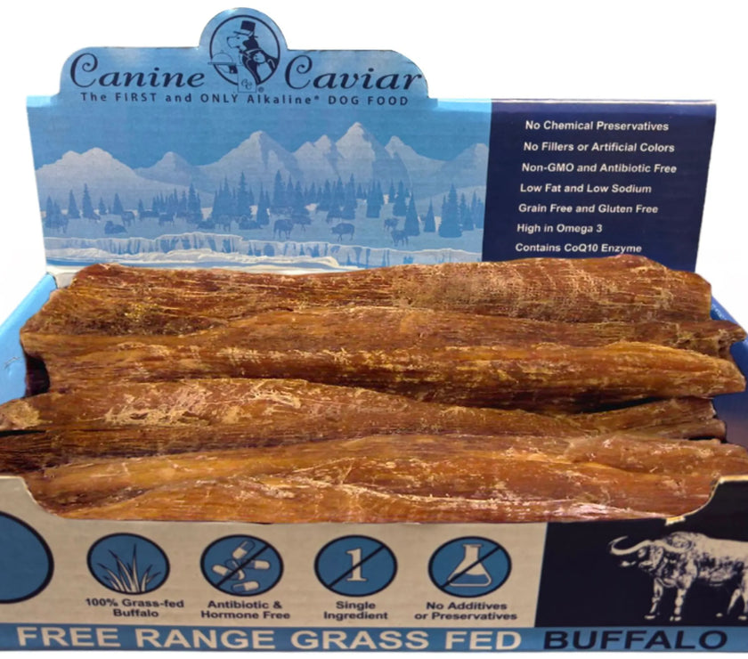 Canine Caviar Buffalo treats in a Paddywack 12-inch box, free range grass-fed buffalo dog chews