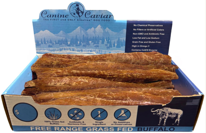 Canine Caviar Buffalo treats in a Paddywack 12-inch box, free range grass-fed buffalo dog chews