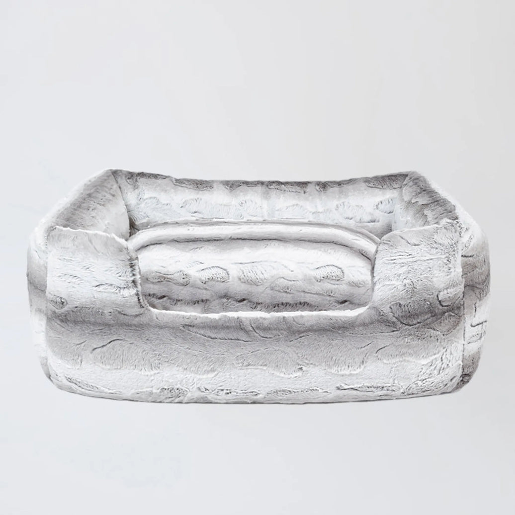 luxury pet bolster bed in soft gray plush fabric with removable pillow and non-slip bottom designed for large dogs