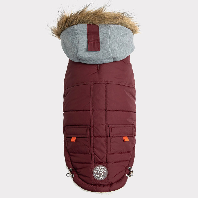 GF Pet Winter Sailor Parka in maroon with grey hood and faux fur trim for cold weather