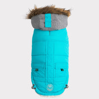 GF Pet Winter Sailor Parka turquoise dog jacket with faux fur hood and front pockets