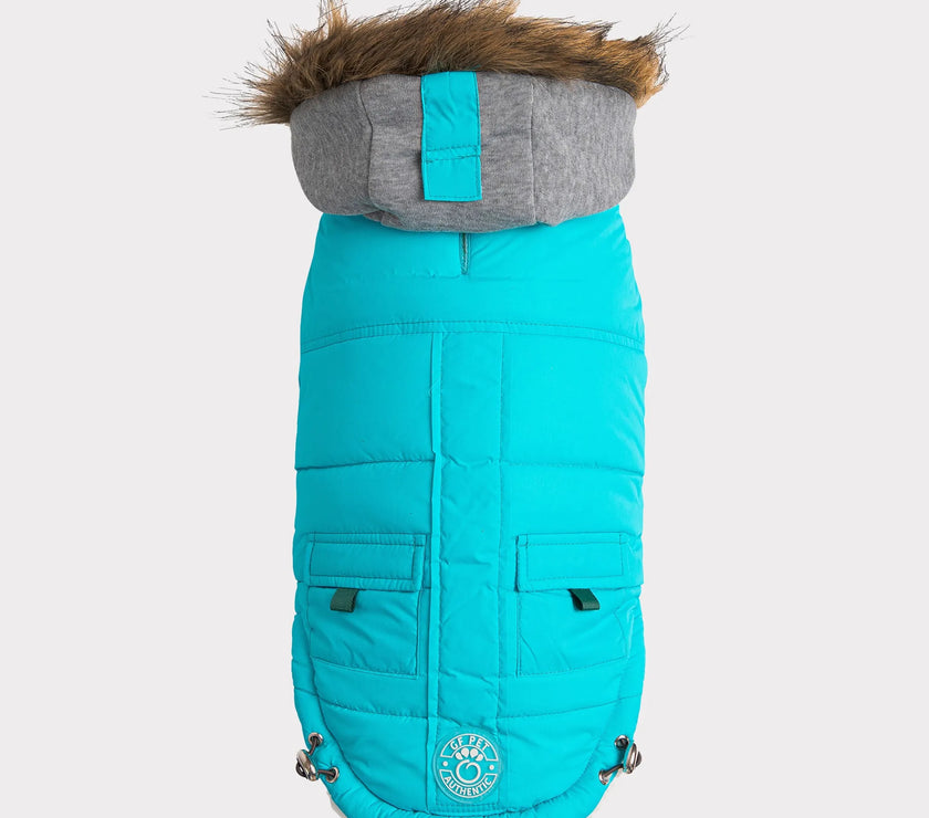 GF Pet Winter Sailor Parka in turquoise with fur-trimmed hood and front pockets for dogs