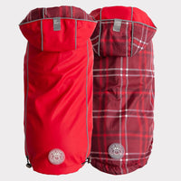 GF Pet reversible dog raincoat in bright red and plaid designs for stylish pet protection