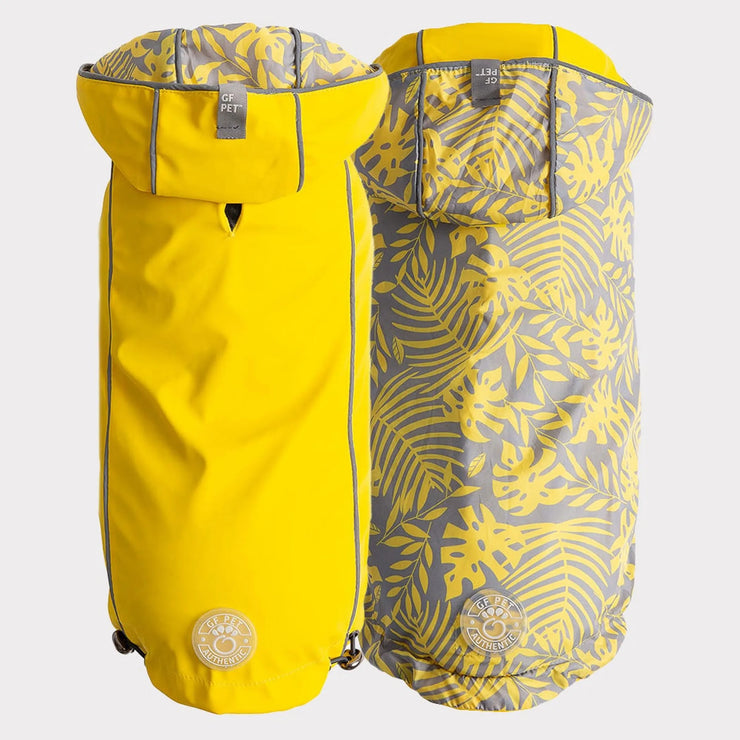 GF Pet reversible dog raincoat in bright yellow and grey tropical print for wet weather protection