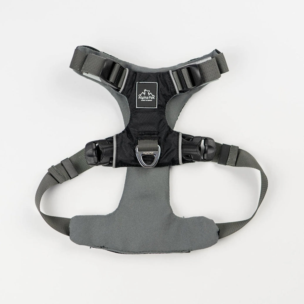 AlphaPak EZ Fit dog harness in black and gray with adjustable straps for comfortable outdoor use