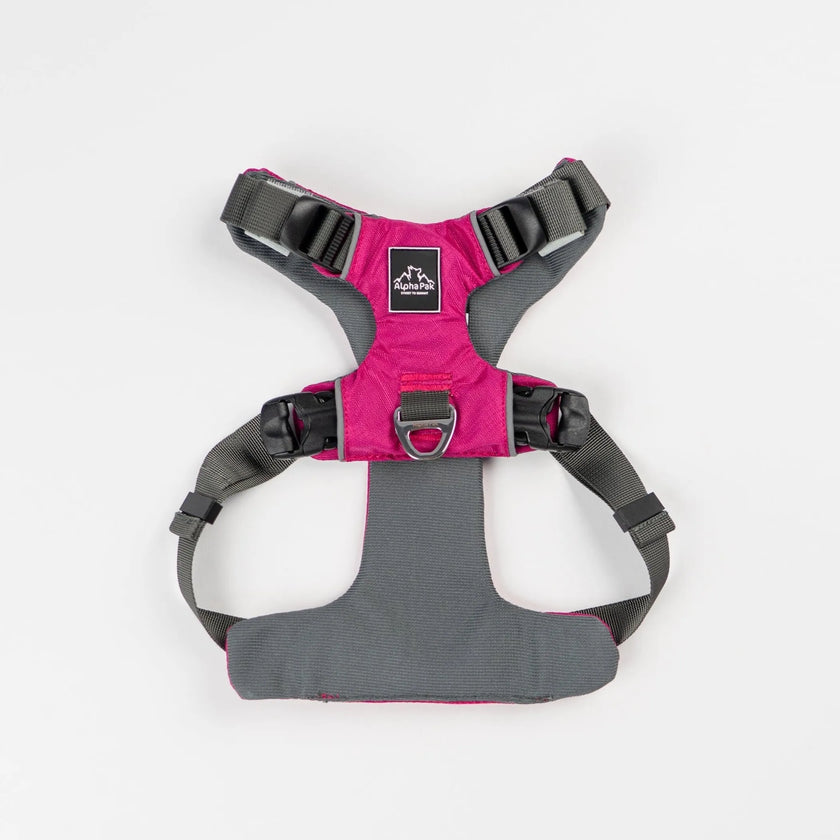AlphaPak EZ Fit dog harness in pink with adjustable straps for comfort and control