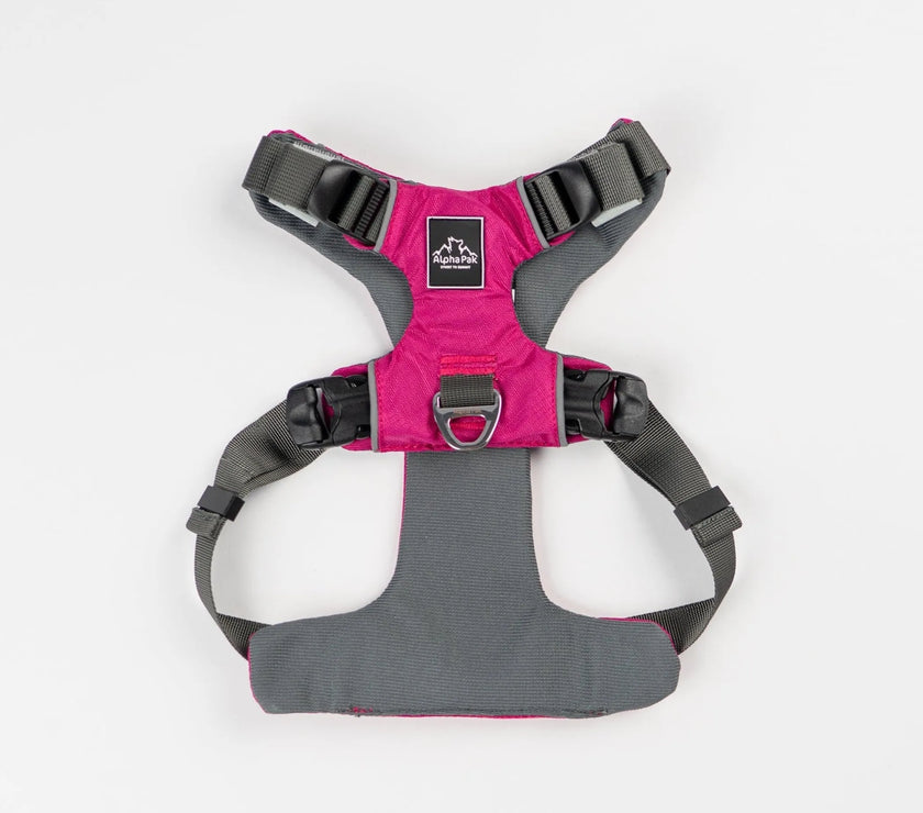 AlphaPak EZ Fit dog harness in pink and gray, designed for comfort and easy adjustments