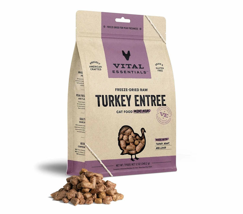 Vital Essentials freeze-dried turkey cat food in a bag with turkey pieces for healthy feline nutrition