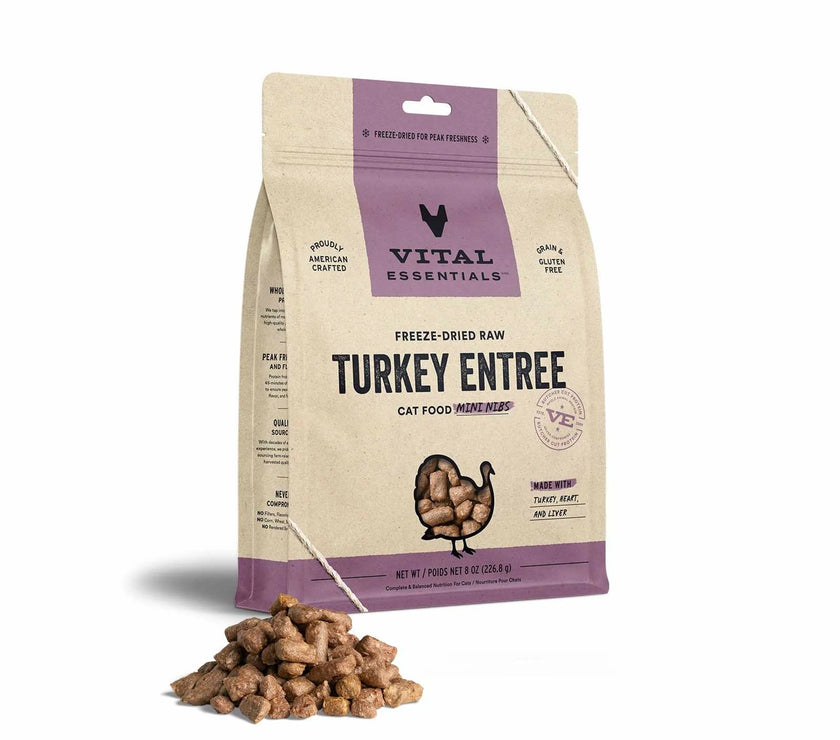 Vital Essentials freeze-dried turkey cat food in a convenient bag for healthy feline meals