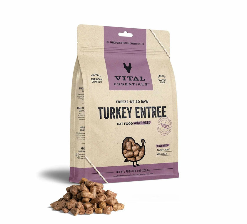Vital Essentials freeze-dried turkey cat food in a convenient bag for healthy feline meals
